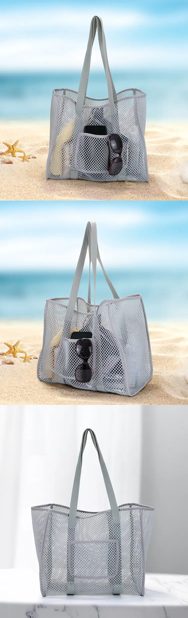 Breathable mesh fabric and quick dry beach bag detail